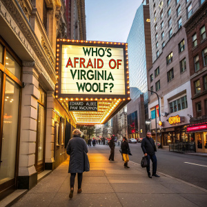 A bustling street scene with a theatre marquee for 'Who's Afraid of Virginia Woolf?' by Edward Albee, directed by Pam MacKinnon. Brightly lit and colorful, attracting attention