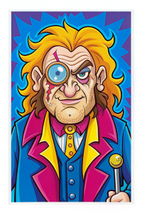 изображение смешной Аластор Грюм:

Ключевые слова: редкий волос на голове, магический глаз (различного цвета и размера, вращающийся в глазнице), многочисленные шрамы на лице, серьёзный и суровый взгляд, грубые черты лица, мощное телосложение, аврорская мантия, костяная нога (протез), хриплый голос.
Абстрактный фон: Тёмные и металлические текстуры с вкраплениями красных и серебристых во весь рост, стиль тима бёртона, детские каракули, рисунок фломастерами, каляка-маляка, pixar, красочный фон