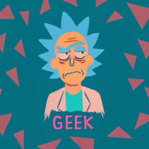 Pixel art of Rick Sanchez, from Rick and Morty. Cartoon style, frowning. Abstract background with dark and orange geometric shapes. 'Geek' written beneath