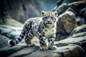 Single snow leopard cub prowling on rocky surface