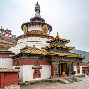 The Kumbum Monastery, a significant Tibetan Buddhist temple located in Huangzhong County, Xining, Qinghai, China. It boasts traditional Tibetan architectural design with vibrant hues, intricate details, and multiple tiers leading up to its entrances.