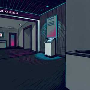 An innovative interior design of a bank branch in Qatar, inspired by Al-Khaliji Bank. Dark wood walls, sleek gray signage, and a white interactive booth. The space is illuminated by soft, ambient lighting that casts shadows on the floor, creating a modern and inviting atmosphere.