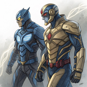 Concept art rendering of two superheroes, Blue Beetle and Booster Gold, in sleek, futuristic battle gear. Sketch-style illustration with varying shades of grey, highlighting the intricate design and structure of their armor.