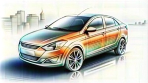 the drawing of the lada vesta, transparent inside, against the background of the gray city is also visible through the car, traces of the car