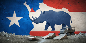 a republican party rhino/rino bulldozing its way through a map of texas