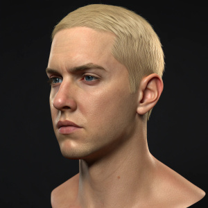 A digital 3D model of Eminem. Blonde hair, real-looking skin tone. Simple black background.