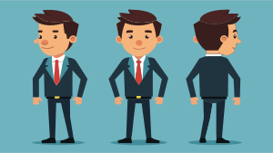Business man character from different angles. View from the front, side and back. The guy is in a pose. Vector illustration in cartoon style