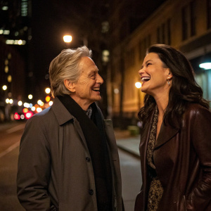 Michael Douglas and Catherine Zeta-Jones laughing on a dimly lit street. No backdrop, only nighttime city lights
