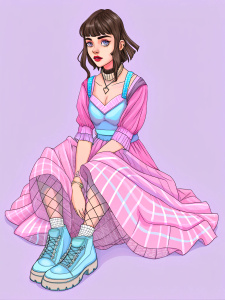 Sketch-cartoon, body whole, pose sitting in junk, Grimes princess grunge dress style cool, novel style, 2D, flatlines, illustration drawing sketch, details, homogeneous texture