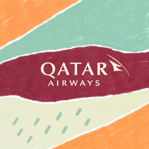 Rebranded Qatar Airways graphic with deep maroon color palette. New logo and typography elements. Represents the country's national identity.