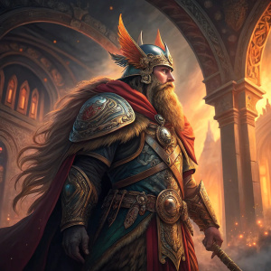 Concept art for a role-playing game. Viking warrior in opulent attire with intricate metalwork and vibrant colors. Standing in front of ancient, majestic structure with arches and warm golden hues. Dramatic lighting, powerful stance with long flowing beard and large ornate helmet with fiery plumes.