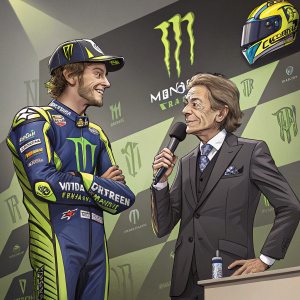 Lin Jarvis and Valentino Rossi at the pre-race press conference. Monster Energy logos dominate the background