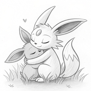 Sketch of Espeon in a cozy hug. Simple pencil drawing, Pokémon style.