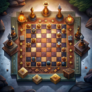 Design a 2D chess board for a video game, seen from a top-down perspective in a fantasy environment. Do NOT include pieces in the board