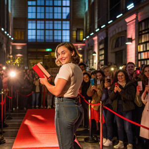 Florence Pugh at an indoor book launch. Wearing casual jeans and a white t-shirt. Surrounded by a crowd of fans and reporters in a dimly lit room.