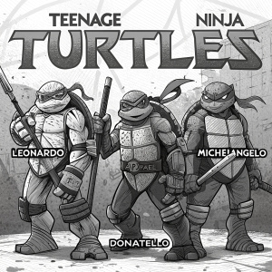 A black and white comic strip featuring the Teenage Mutant Ninja Turtles, Leonardo, Michelangelo, Donatello, and Raphael. Each turtle in a combat-ready stance. The illustration is detailed, with sketch-like lines emphasizing their determination and grit. TMNT logo is bold at the top. Background filled with abstract textures and comic book style.