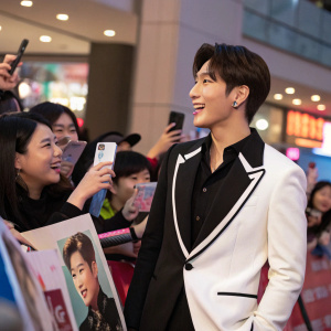 Im of Monsta X, Korean idol, at a vibrant meet and greet event. Wearing a black and white suit. Engaged in lively conversation with fans, surrounded by posters and banners.