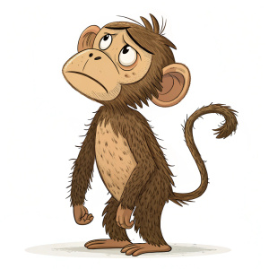 A detailed illustration of a cartoon monkey with a sad face, standing in a raised position. The monkey has brown fur with rough and uneven texture. It is against a solid white background.