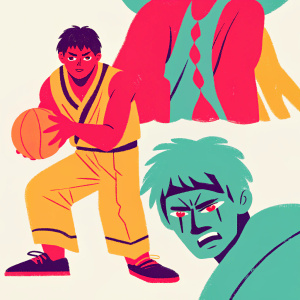 Dark, graphic-style illustration of Kuroko. Various menacing poses. Single color scheme.