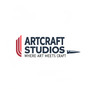 Logo design for 'ArtCraft Studios'. Text reads 'ArtCraft Studios - Where Art Meets Craft'. Graphic is sleek, modern with bold typography.
