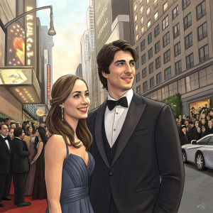Brandon Routh and Courtney Ford at the Gotham Awards. They're wearing formal dresses and tuxedos. Crowded street scene with tall buildings in the background.