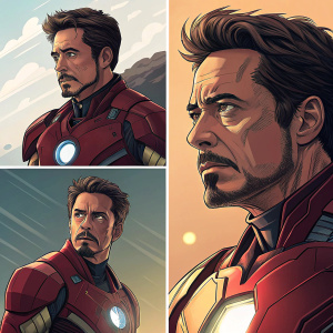 A series of comic panels featuring Tony Stark, aka Iron Man. The final panel on the right provides a detailed close-up of his determined face.