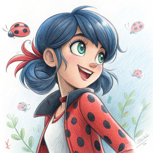 Sketch of Marinette, cheerful and energetic, from Miraculous Ladybug. Pencil drawing