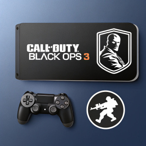 Gaming logos and icons for Call of Duty: Black Ops 3 in sleek black and white style against a deep blue background.