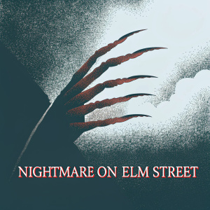 Close-up of Freddy Krueger's menacing face, with elongated clawed fingers reaching out from shadows. Dark and ominous hues of black, brown, and blood red. Text 'NIGHTMARE ON ELM STREET' swirls at bottom in eerie, jagged font.