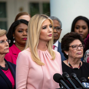 Ivanka Trump, blonde hair, pensive look, stands with a diverse group of women. One in a pink blouse, another in glasses. Press conference.