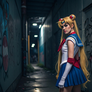 Sailor Moon, a character with long blonde hair and a headband, dressed in her iconic blue and white costume. She looks fierce, standing in a dimly lit alley with graffiti-covered walls.