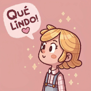 Ilustración en estilo pixel art con personaje de pelo rubio. Fondo rosa. Texto en español: '¡Qué lindo!'