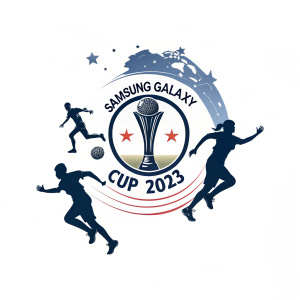 Logo for the Samsung Galaxy Cup 2023. A sleek trophy in the center with athletes in motion forming a globe. Dynamic and modern design.