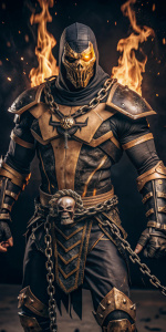 escorpión mortal kombat, armadura amarilla, fuego en sus dos manos, cadenas en su torso y brazos, rostro de craneo, cinturón de craneo, fuego en la cabeza y cuerpo
