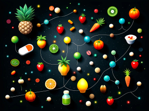 a map showing the route from the point "symptoms" through different locations in the form of pills, vitamins, fruits, shots to the final point happy well-being