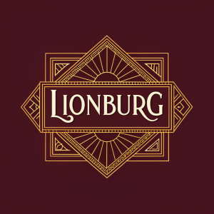 Elegant logo for Lionburg. Dark maroon background with golden border. Modern font centered. Clean lines and sophisticated design.