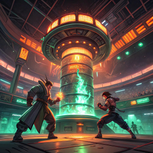 Kristen C Altamirano's digital art of Yaiba Ninja Gaiden Z. Ryu boss fight in a high-tech arena. Neon green and orange lights illuminate the scene. Multi-tiered cylindrical structure with metallic surface. Central light source casts shadows.