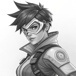 Digital portrait of Tracer from Overwatch. Black and white sketch. Tracer poses dynamically, clad in futuristic combat attire, complete with mask and sleek bodysuit. Meticulous detailing of her face, hairstyle, and specialized gear.