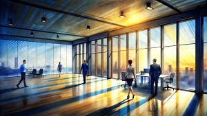 Blurred business office interior with panoramic windows and beautiful lighting with businesspeople