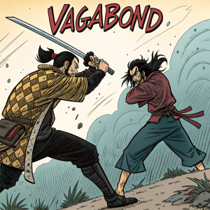 A panel from Vagabond manga. Dynamic artwork featuring a warrior in mid-battle stance, sword drawn. Interacting with another character through speech bubbles and animated poses.