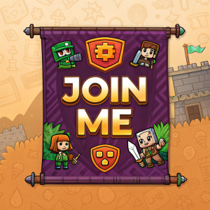 Interactive banner for a Twitch stream featuring Minecraft Dungeon Gauntlet. Vibrant logo and call to action "JOIN ME". Warm, textured background