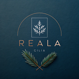 logo "realia","GIN" minimal, with stylized juniper leaf