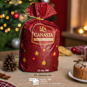 Celebrate the holiday season with La Canasta Panetón Artesanal. Wrapped in rich, glossy red packaging adorned with a golden-yellow La Canasta logo, this panetón is a must-have for your festive table. Set against a warm, traditional holiday backdrop lit with festive lights, experience the magic of the season. Connect with us at 123-456-7890 or visit our website. Enjoy the holidays with La Canasta, proudly partnered with your favorite brands.