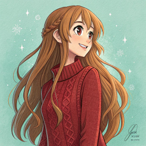 Digital illustration of Asuna, female anime character. Long wavy brown hair, friendly smile. Red sweater, detailed texture. Light teal background, vibrant colors. Artist's signature visible. Fan art.