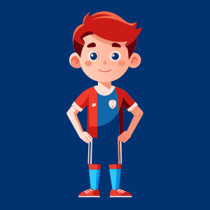 a full body 16 years old full body soccer player standing and facing the camera wearing a solid blue t-shirt, full body, vector style, solid white background