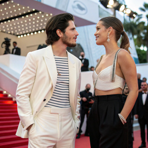 Francois Civil and Adele Exarchopoulos, at the Cannes Film Festival, engaged in a deep conversation. Fashionably dressed, with a white blazer and striped shirt for him, and a black skirt for her.