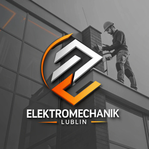 Logo for Elektromechanik Lublin. Modern and sleek design with stylized 'E' made to resemble metal. Gray background with accents of vibrant orange. Company name in simple font below.