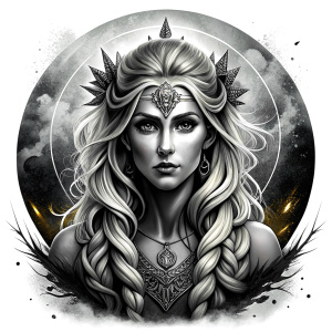 Freya - Nordic Goddess perfect realistic art, high-definition grey and black, white background tattoo design