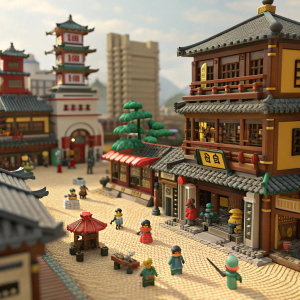 3D animation of a LEGO Ninjago city scene. Minifigures interact in a lively marketplace. Diverse buildings with intricate designs. Sandy terrain. Bustling crowds.