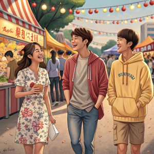 Park Shin-Hye, Yoon Si-Yoon, and Kim Ji-Hoon in casual attire. Chatting and laughing at a bustling street festival.